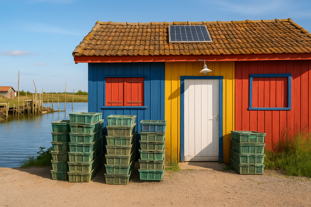 Cabane ostréicole colorée sur le littoral atlantique avec bourriches d’huîtres